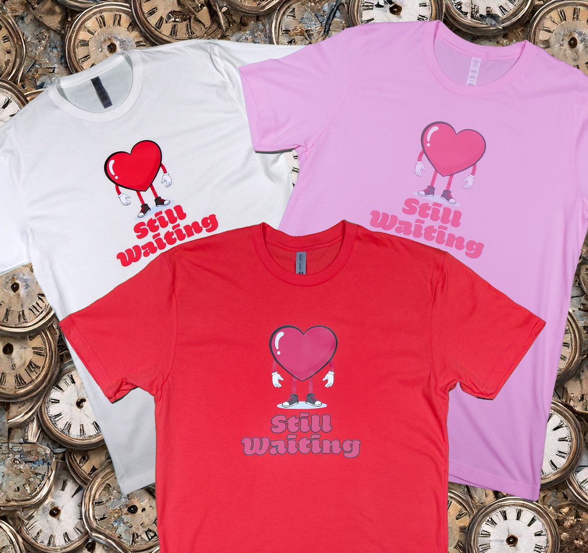 Still Waiting for Love all colors of tees. White, pink and watermelon