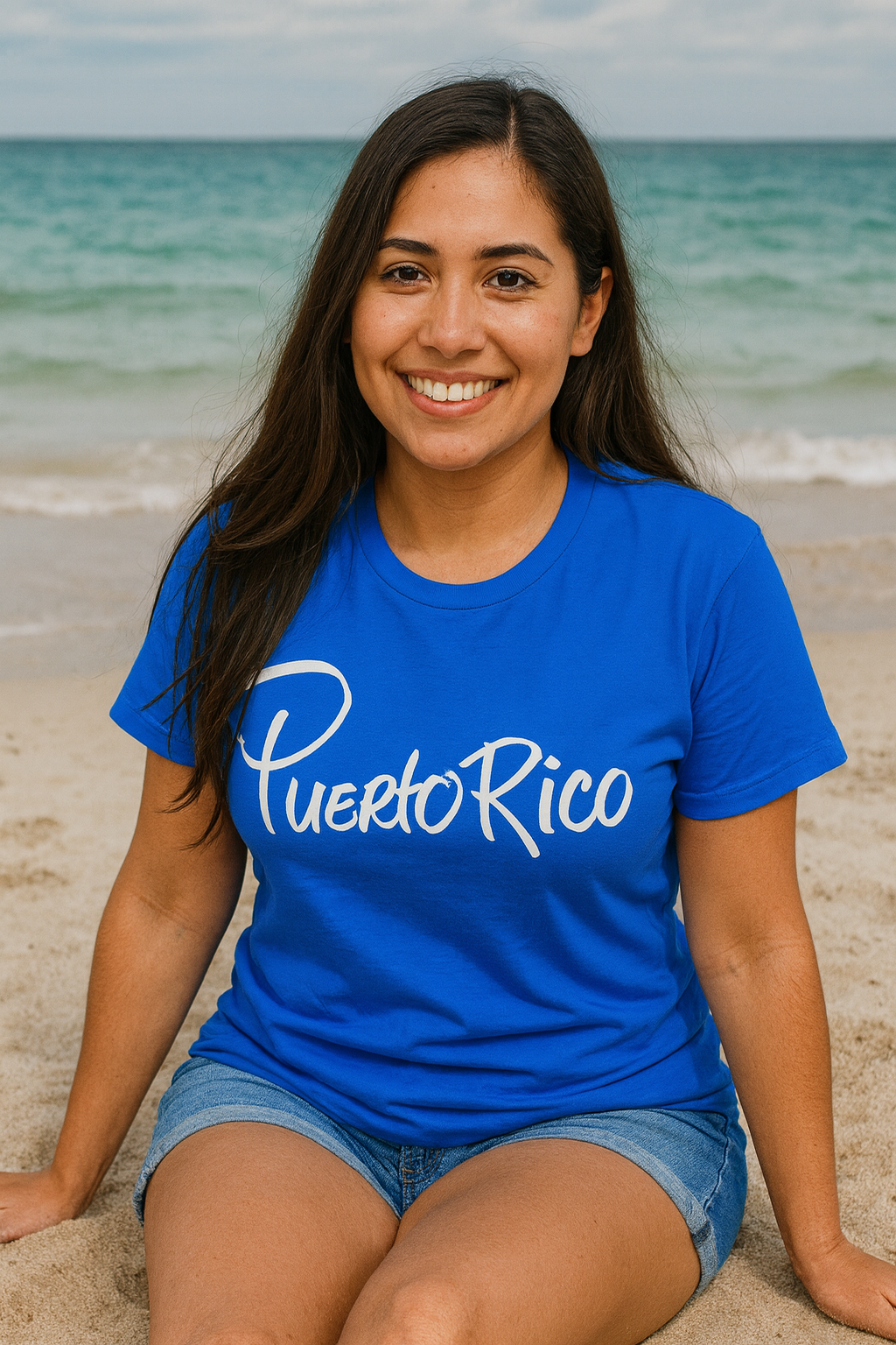 blue PR script tee on beach