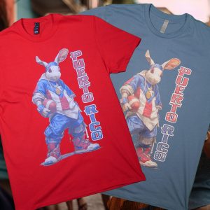 Blue jean (color) and red hip-hop football bunny tee with Puerto Rico text.