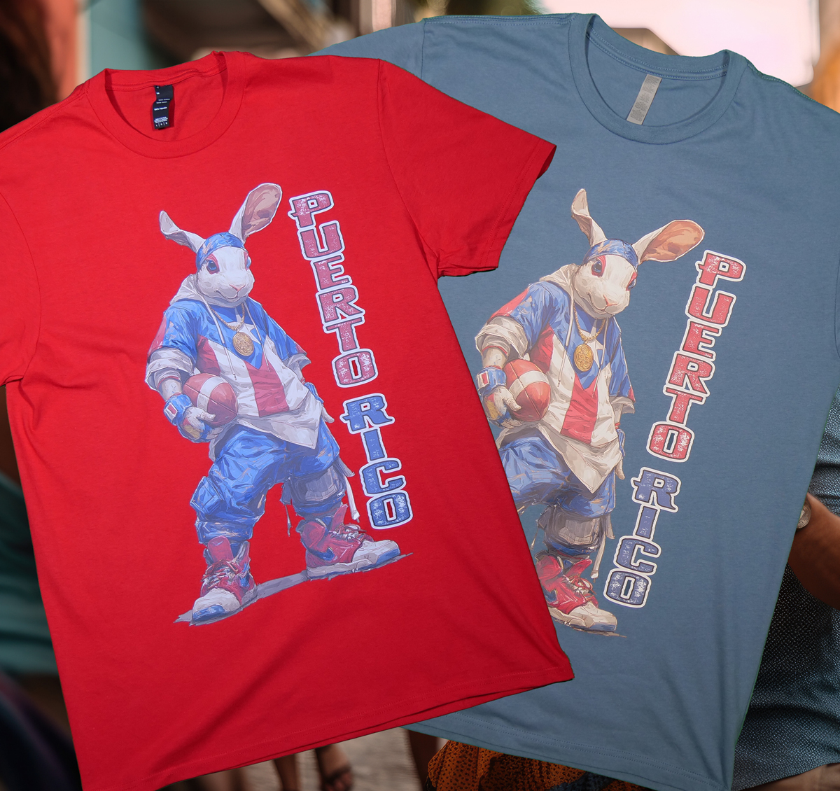 Blue jean (color) and red hip-hop football bunny tee with Puerto Rico text.