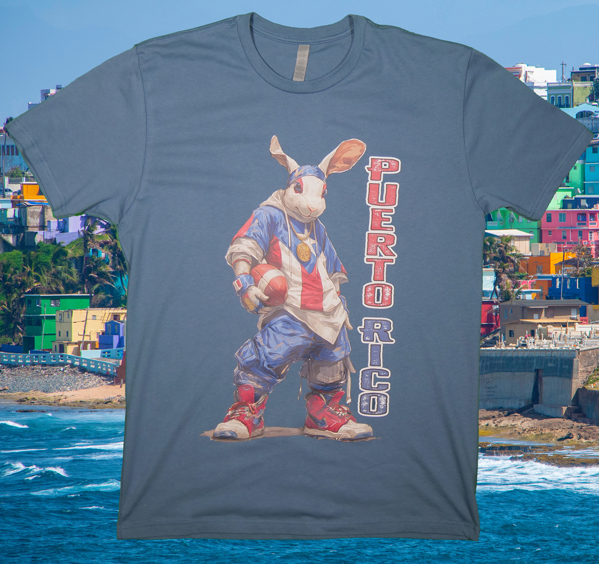 Blue jean (color) hip-hop football bunny tee with Puerto Rico text.