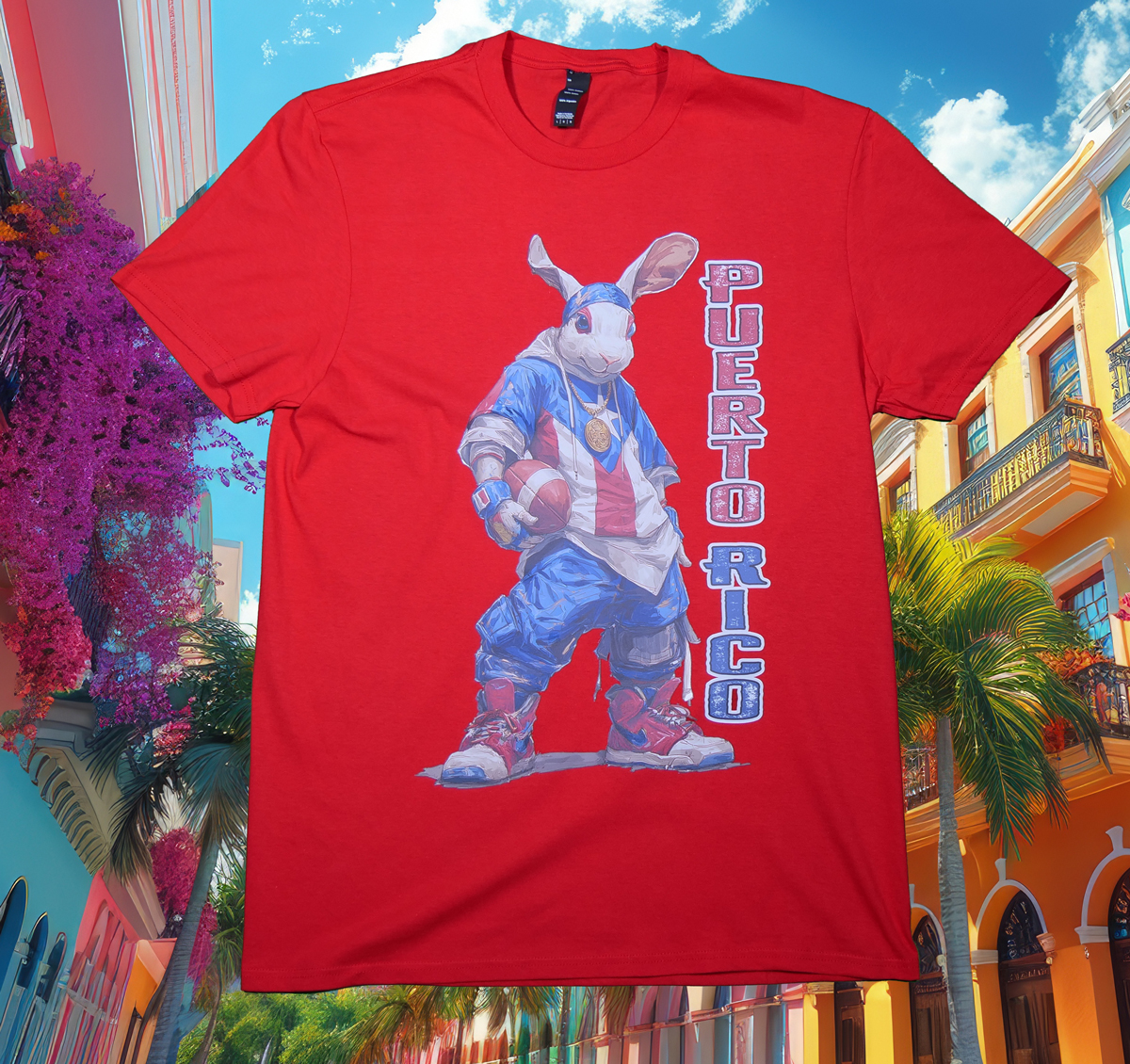 Red hip-hop football bunny tee with Puerto Rico text.