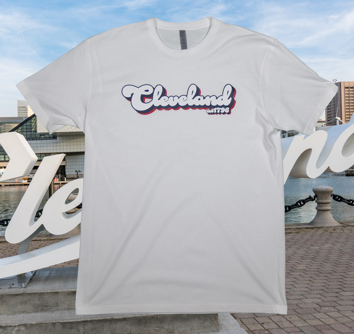 Cleveland 1796 graphic tee, white text on white tee.