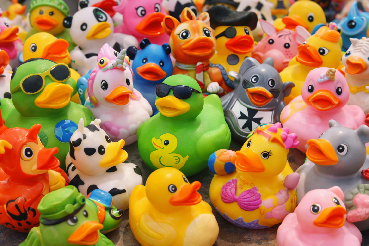 A group of different ducking ducks.