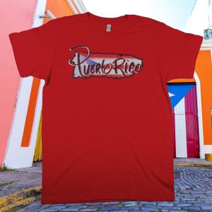 Outline of Puerto Rico filled with flag and text on top