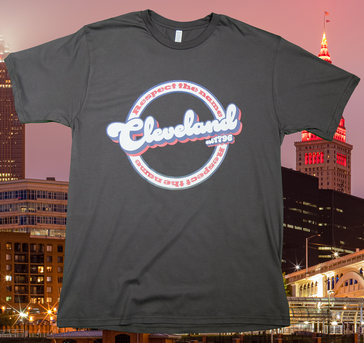 Respect the name Cleveland 1796 graphic tee, in charcoal.