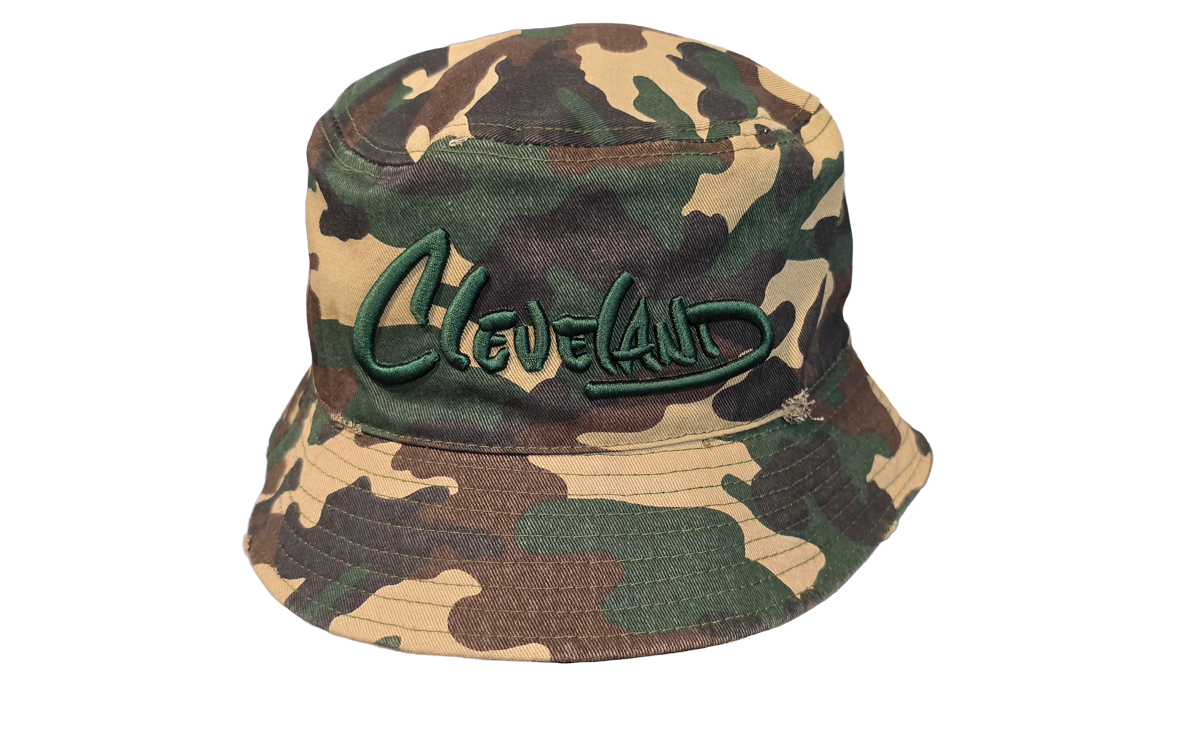 Cleveland handwritten distressed camo bucket hat